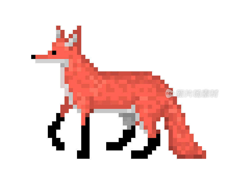 红狐站在地上，像素艺术人物孤立在白色背景上。野生动物。老学校8位老虎机象形图。复古80年代;90年代的视频游戏图像。动物园/国家公园食肉动物。